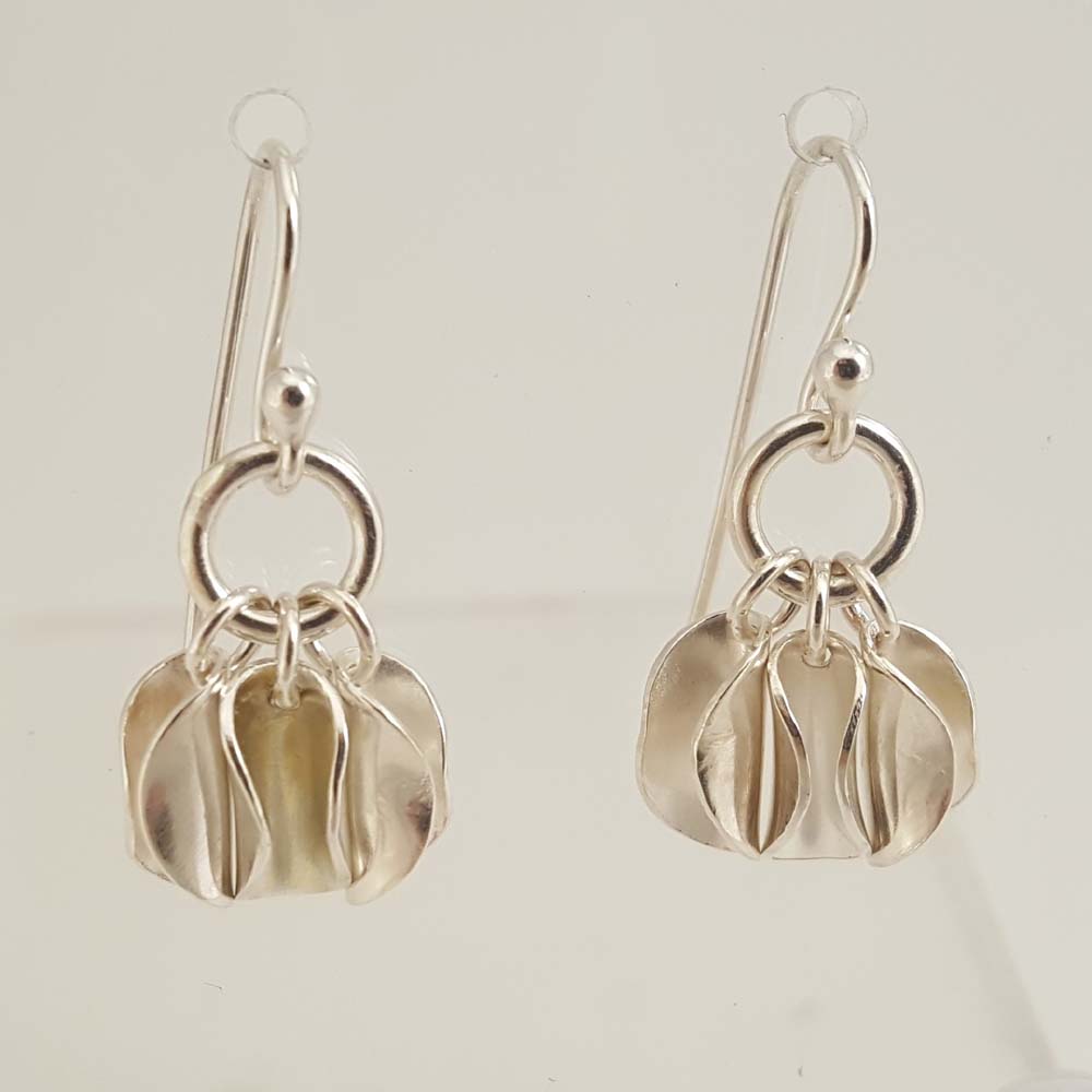 ST926 Silver drop earrings with 3 curved discs.